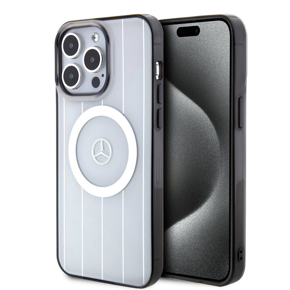 Apple iPhone 15 Pro Max Kılıf Mercedes Benz Orjinal Lisanslı M-safe Şarj Özellikli Çift Katmanlı Paralel Çizgi Desenli Kapak Siyah