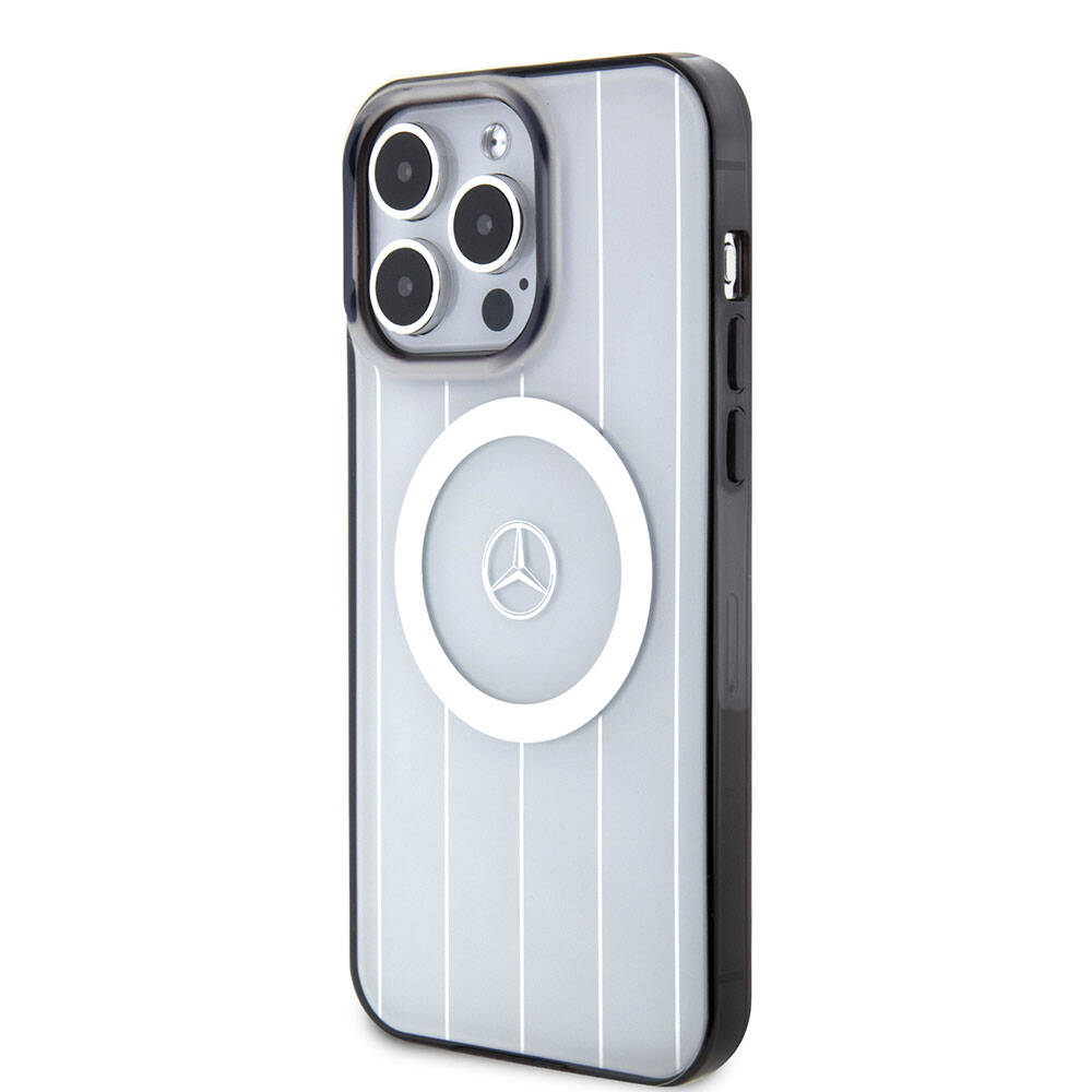Apple iPhone 15 Pro Max Kılıf Mercedes Benz Orjinal Lisanslı M-safe Şarj Özellikli Çift Katmanlı Paralel Çizgi Desenli Kapak Siyah
