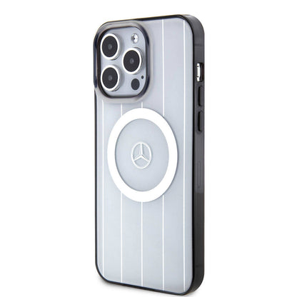 Apple iPhone 15 Pro Max Kılıf Mercedes Benz Orjinal Lisanslı M-safe Şarj Özellikli Çift Katmanlı Paralel Çizgi Desenli Kapak Beyaz