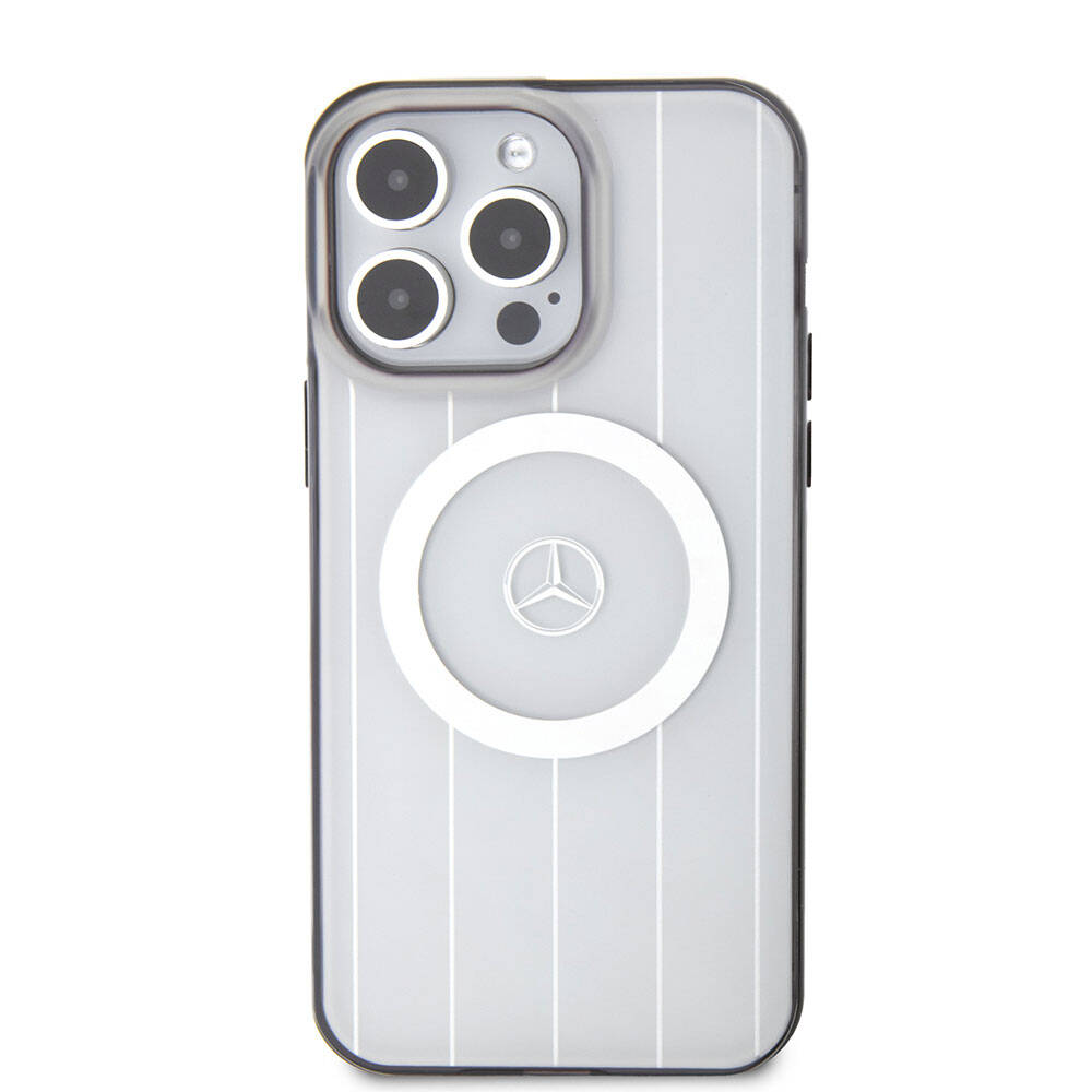 Apple iPhone 15 Pro Max Kılıf Mercedes Benz Orjinal Lisanslı M-safe Şarj Özellikli Çift Katmanlı Paralel Çizgi Desenli Kapak Siyah