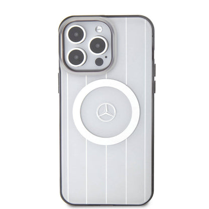 Apple iPhone 15 Pro Max Kılıf Mercedes Benz Orjinal Lisanslı M-safe Şarj Özellikli Çift Katmanlı Paralel Çizgi Desenli Kapak Beyaz