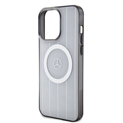 Apple iPhone 15 Pro Max Kılıf Mercedes Benz Orjinal Lisanslı M-safe Şarj Özellikli Çift Katmanlı Paralel Çizgi Desenli Kapak Beyaz