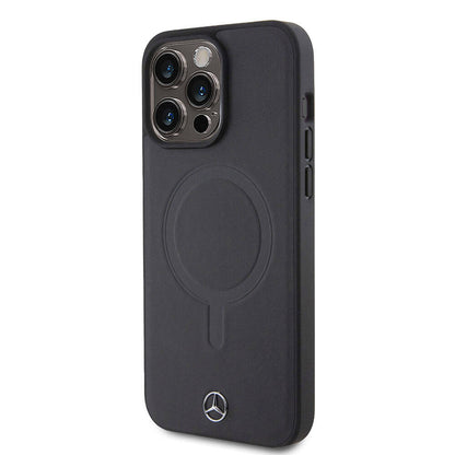Apple iPhone 15 Pro Max Kılıf Mercedes Benz Orjinal Lisanslı M-safe Şarj Özellikli Metal Yıldız Logolu Pürüzsüz Deri Kapak Lacivert