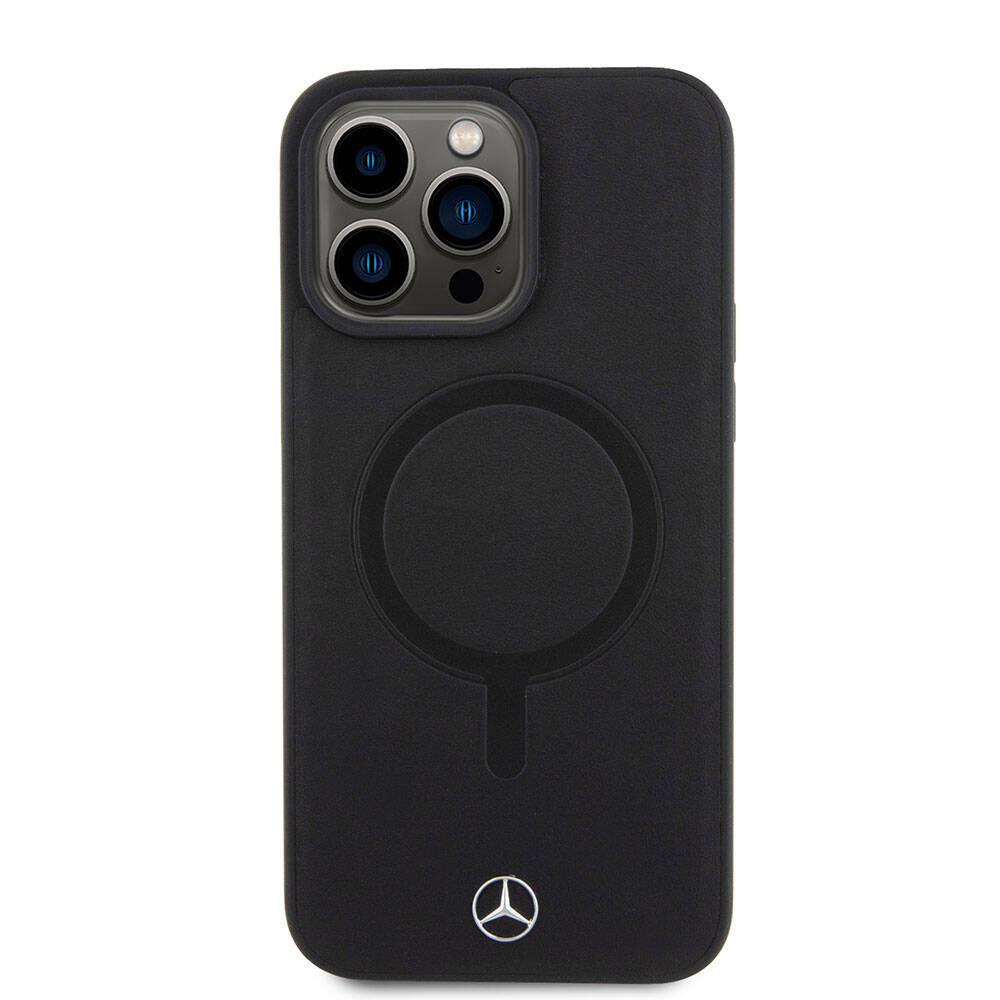 Apple iPhone 15 Pro Max Kılıf Mercedes Benz Orjinal Lisanslı M-safe Şarj Özellikli Metal Yıldız Logolu Pürüzsüz Deri Kapak Lacivert