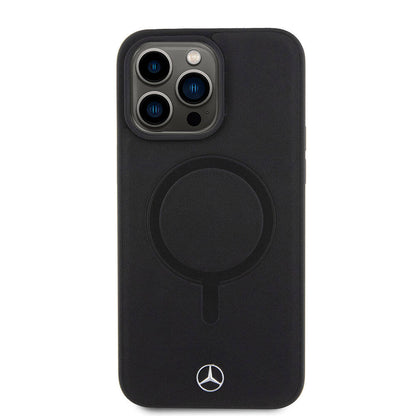 Apple iPhone 15 Pro Max Kılıf Mercedes Benz Orjinal Lisanslı M-safe Şarj Özellikli Metal Yıldız Logolu Pürüzsüz Deri Kapak Lacivert
