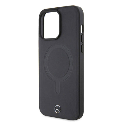 Apple iPhone 15 Pro Max Kılıf Mercedes Benz Orjinal Lisanslı M-safe Şarj Özellikli Metal Yıldız Logolu Pürüzsüz Deri Kapak Lacivert