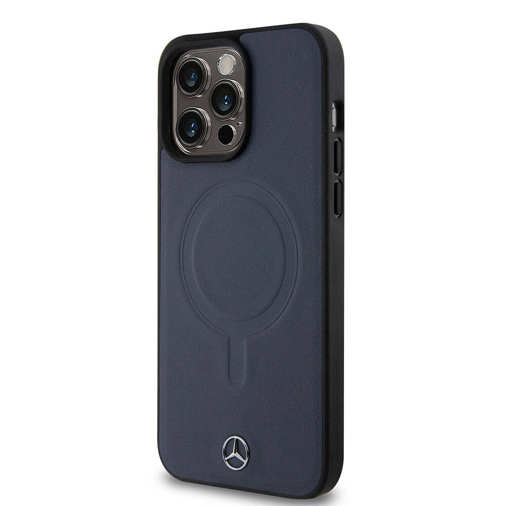 Apple iPhone 15 Pro Max Kılıf Mercedes Benz Orjinal Lisanslı M-safe Şarj Özellikli Metal Yıldız Logolu Pürüzsüz Deri Kapak Siyah