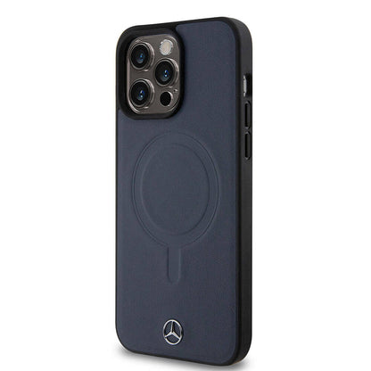 Apple iPhone 15 Pro Max Kılıf Mercedes Benz Orjinal Lisanslı M-safe Şarj Özellikli Metal Yıldız Logolu Pürüzsüz Deri Kapak Lacivert