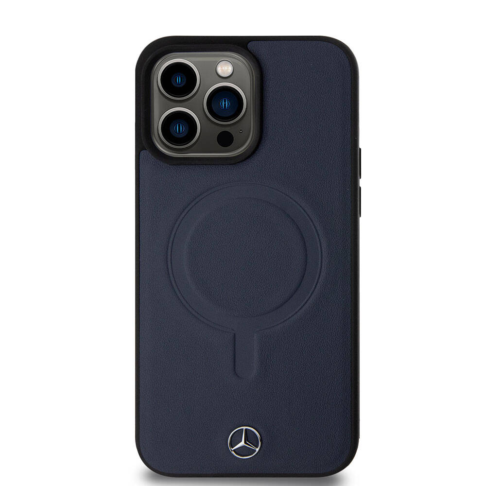 Apple iPhone 15 Pro Max Kılıf Mercedes Benz Orjinal Lisanslı M-safe Şarj Özellikli Metal Yıldız Logolu Pürüzsüz Deri Kapak Lacivert