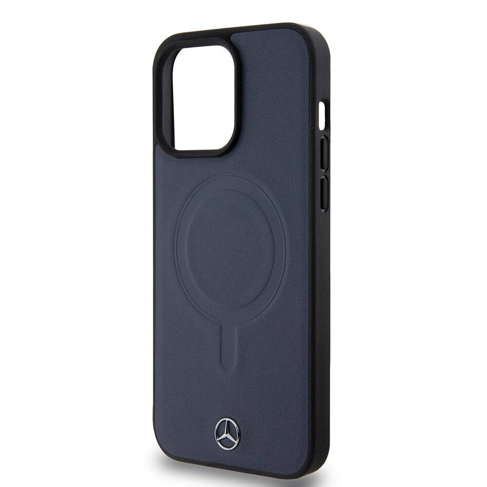 Apple iPhone 15 Pro Max Kılıf Mercedes Benz Orjinal Lisanslı M-safe Şarj Özellikli Metal Yıldız Logolu Pürüzsüz Deri Kapak Lacivert