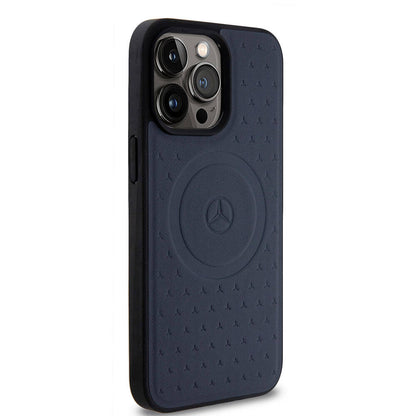 Apple iPhone 15 Pro Max Kılıf Mercedes Benz Orjinal Lisanslı M-safe Şarj Özellikli Mühürlü Yıldız Desenli ve Logolu Deri Kapak Siyah