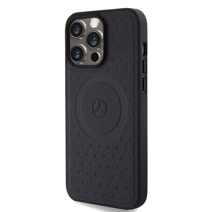 Apple iPhone 15 Pro Max Kılıf Mercedes Benz Orjinal Lisanslı M-safe Şarj Özellikli Mühürlü Yıldız Desenli ve Logolu Deri Kapak Siyah