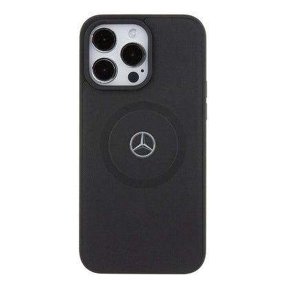 Apple iPhone 15 Pro Max Kılıf Mercedes Benz Orjinal Lisanslı M-safe Şarj Özellikli Pike Desenli Baskı Logolu Deri Kapak Siyah