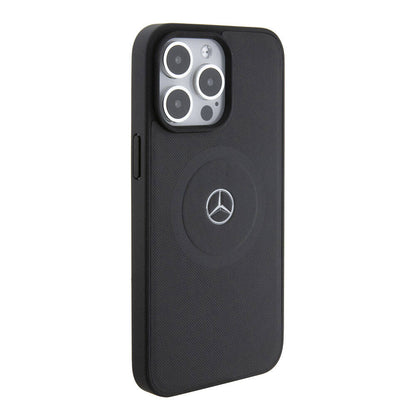 Apple iPhone 15 Pro Max Kılıf Mercedes Benz Orjinal Lisanslı M-safe Şarj Özellikli Pike Desenli Baskı Logolu Deri Kapak Siyah