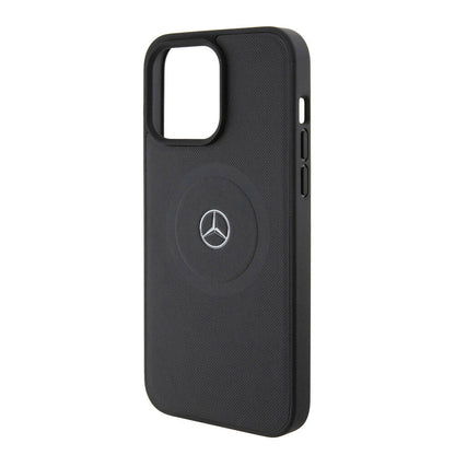 Apple iPhone 15 Pro Max Kılıf Mercedes Benz Orjinal Lisanslı M-safe Şarj Özellikli Pike Desenli Baskı Logolu Deri Kapak Siyah
