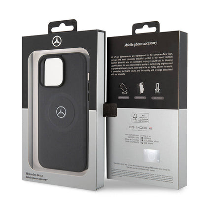 Apple iPhone 15 Pro Max Kılıf Mercedes Benz Orjinal Lisanslı M-safe Şarj Özellikli Pike Desenli Baskı Logolu Deri Kapak Siyah