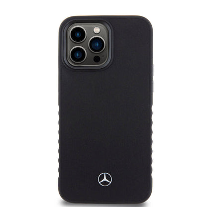 Apple iPhone 15 Pro Max Kılıf Mercedes Benz Orjinal Lisanslı Tırtıklı Kenar Tasarımlı Metal Yıldız Logolu Pürüzsüz Hakiki Deri Kapak Siyah