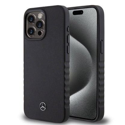 Apple iPhone 15 Pro Max Kılıf Mercedes Benz Orjinal Lisanslı Tırtıklı Kenar Tasarımlı Metal Yıldız Logolu Pürüzsüz Hakiki Deri Kapak Siyah