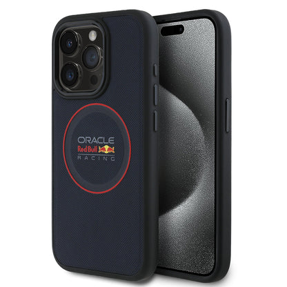 Apple iPhone 15 Pro Max Kılıf Redbull Orjinal Lisanslı M-safe Şarj Özellikli Kırmızı Halka ve Logo Kabartmalı PU Deri Kapak Lacivert