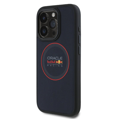 Apple iPhone 15 Pro Max Kılıf Redbull Orjinal Lisanslı M-safe Şarj Özellikli Kırmızı Halka ve Logo Kabartmalı PU Deri Kapak Lacivert