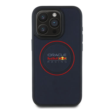 Apple iPhone 15 Pro Max Kılıf Redbull Orjinal Lisanslı M-safe Şarj Özellikli Kırmızı Halka ve Logo Kabartmalı PU Deri Kapak Lacivert