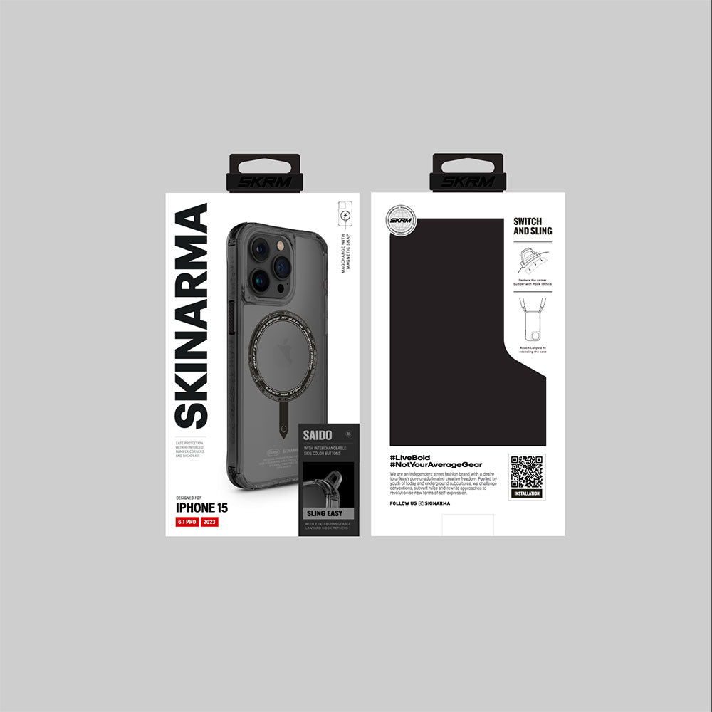 Apple iPhone 15 Pro Max Case SkinArma Transparent Airbag Design M-safe Charging Feature Saido Cover Black 