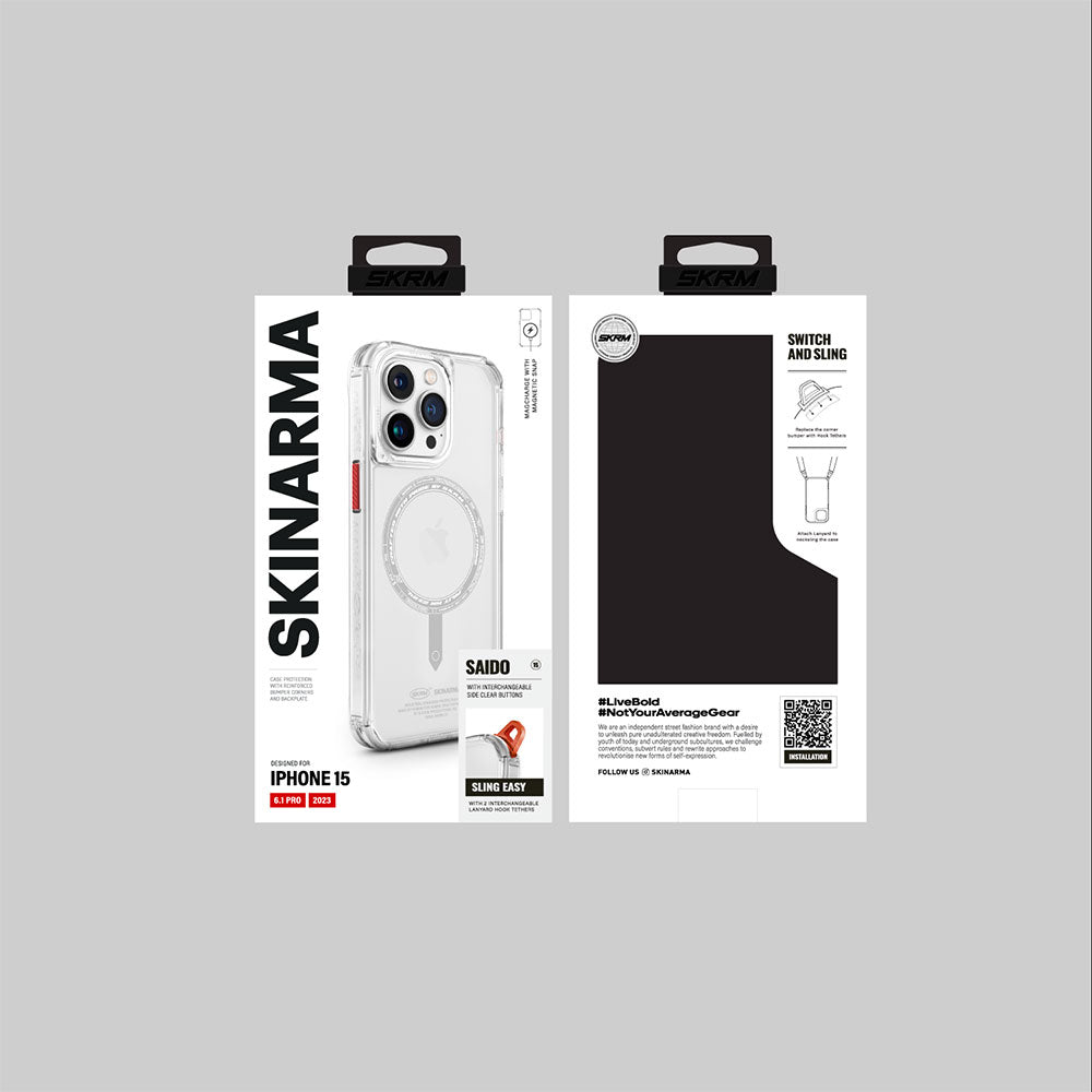 Apple iPhone 15 Pro Max Case SkinArma Transparent Airbag Design M-safe Charging Feature Saido Cover Black 
