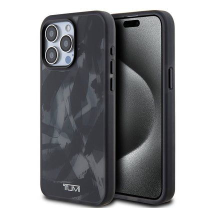 Apple iPhone 15 Pro Max Kılıf TUMI Orjinal Lisanslı M-safe Şarj Özellikli Buzlanmış Saydam Fırça Kamuflajı Desenli Kapak Siyah