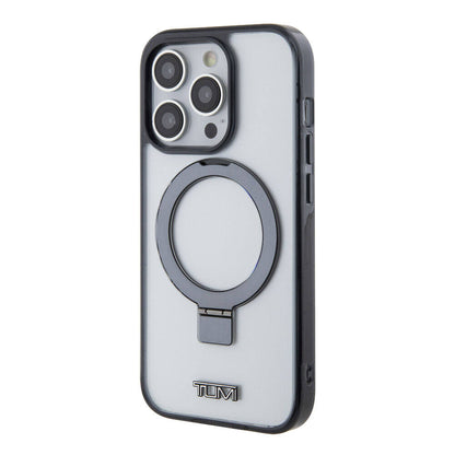 Apple iPhone 15 Pro Max Kılıf TUMI Orjinal Lisanslı M-safe Şarj Özellikli Metal Logolu Ring Standlı Silikon Kapak Beyaz