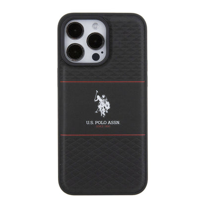 Apple iPhone 15 Pro Max Kılıf U.S. Polo Assn. Orjinal Lisanslı Deri Şeritli Logo Dizayn Kapak Lacivert