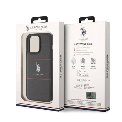 Apple iPhone 15 Pro Max Kılıf U.S. Polo Assn. Orjinal Lisanslı Deri Şeritli Logo Dizayn Kapak Lacivert