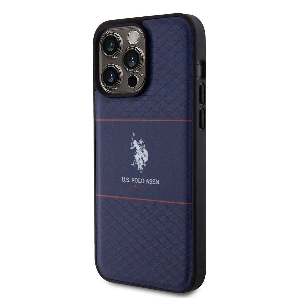 Apple iPhone 15 Pro Max Kılıf U.S. Polo Assn. Orjinal Lisanslı Deri Şeritli Logo Dizayn Kapak Lacivert
