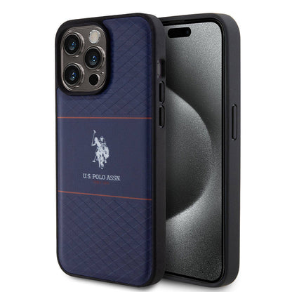 Apple iPhone 15 Pro Max Kılıf U.S. Polo Assn. Orjinal Lisanslı Deri Şeritli Logo Dizayn Kapak Lacivert