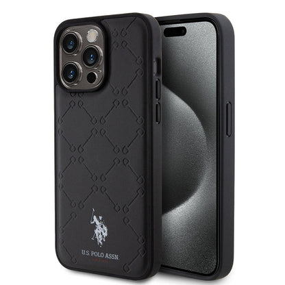 Apple iPhone 15 Pro Max Kılıf U.S. Polo Assn. Orjinal Lisanslı HS Desenli Baskı Logolu Suni Deri Kapak Siyah
