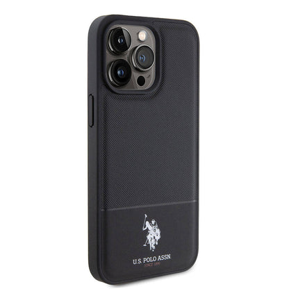 Apple iPhone 15 Pro Max Kılıf U.S. Polo Assn. Orjinal Lisanslı Suni Deri Arka Yüzey Baskı Logolu Örgü Desenli Kapak Lacivert