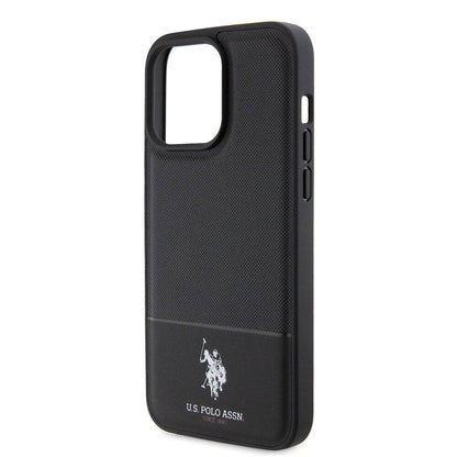 Apple iPhone 15 Pro Max Kılıf U.S. Polo Assn. Orjinal Lisanslı Suni Deri Arka Yüzey Baskı Logolu Örgü Desenli Kapak Lacivert