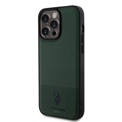 Apple iPhone 15 Pro Max Kılıf U.S. Polo Assn. Orjinal Lisanslı Suni Deri Arka Yüzey Baskı Logolu Örgü Desenli Kapak Lacivert