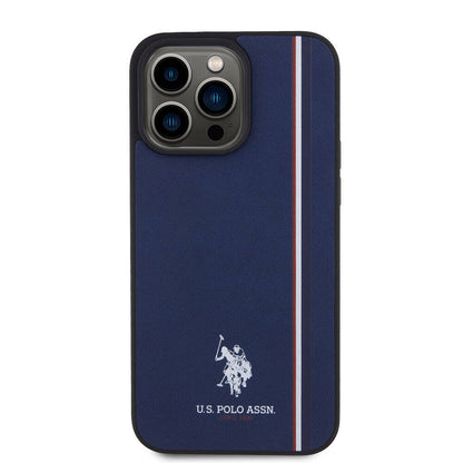 Apple iPhone 15 Pro Max Kılıf U.S. Polo Assn. Orjinal Lisanslı Üç Renk Şerit Tasarımlı Baskı Logolu Kapak Lacivert