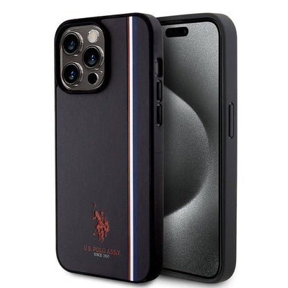 Apple iPhone 15 Pro Max Kılıf U.S. Polo Assn. Orjinal Lisanslı Üç Renk Şerit Tasarımlı Baskı Logolu Kapak Siyah