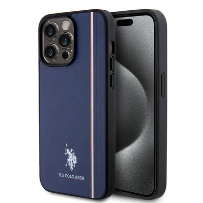 Apple iPhone 15 Pro Max Kılıf U.S. Polo Assn. Orjinal Lisanslı Üç Renk Şerit Tasarımlı Baskı Logolu Kapak Lacivert