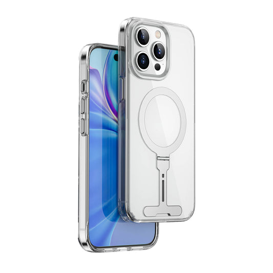 Apple iPhone 15 Pro Max Case Wiwu FYY-014 M-safe Charging Feature Aluminum Alloy Metal Stand Transparent Cover Colorless 