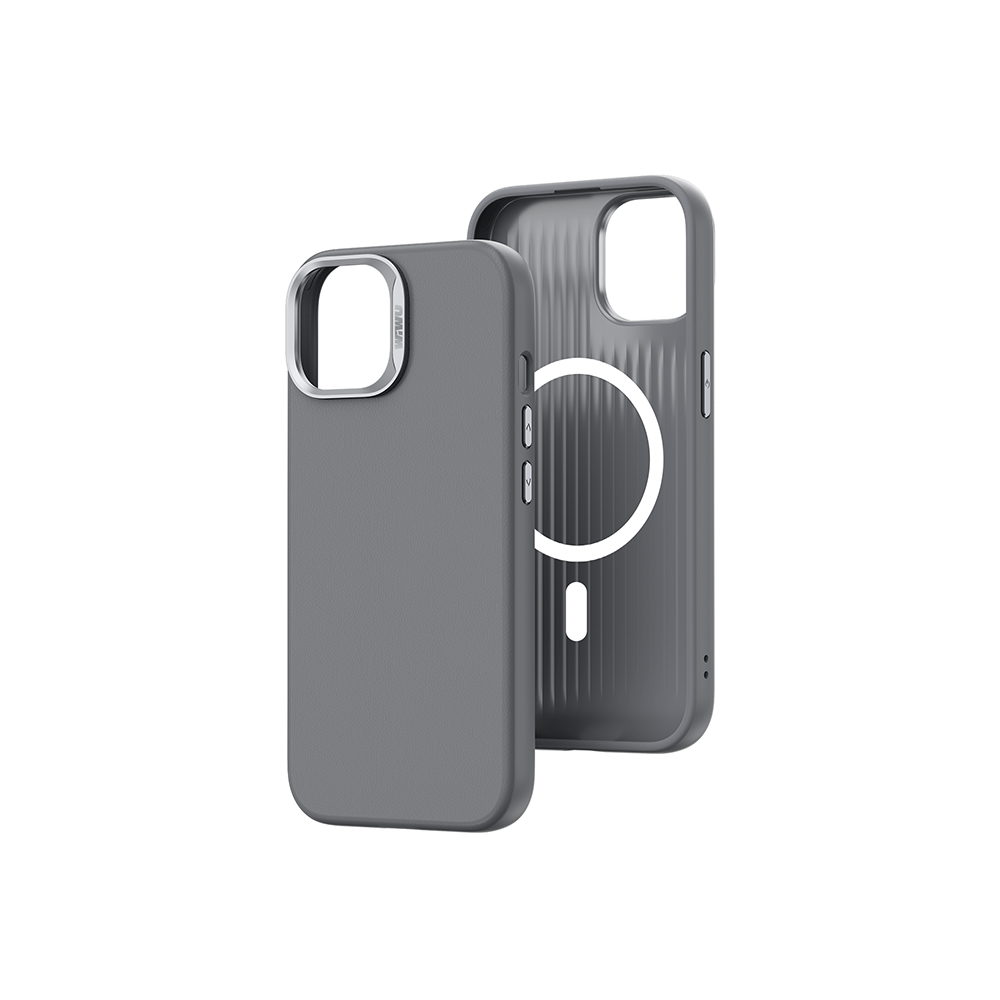 Apple iPhone 15 Pro Max Case Wiwu SP-019 M-safe Charging Feature Vegan Leather Cover Gray 