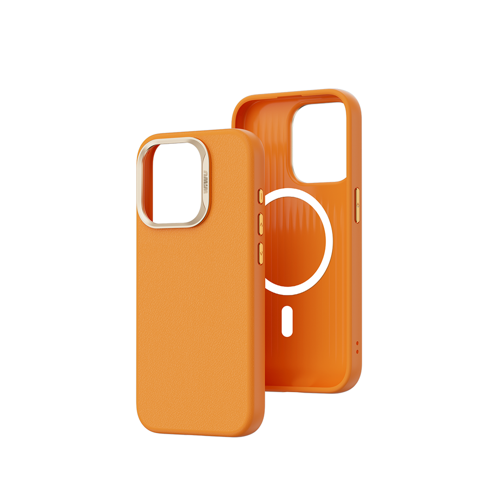 Apple iPhone 15 Pro Max Case Wiwu SP-019 M-safe Charging Feature Vegan Leather Cover Orange 