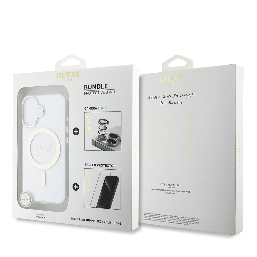 Apple iPhone 16 Guess Original Licensed 3-Piece Accessory Set IML Printed Glitter Case + Screen Protector + Lens Protector Transparent 