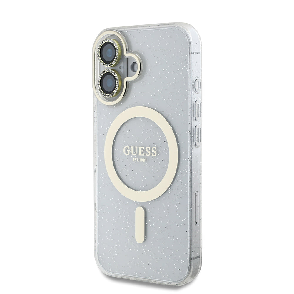 Apple iPhone 16 Guess Original Licensed 3-Piece Accessory Set IML Printed Glitter Case + Screen Protector + Lens Protector Transparent 