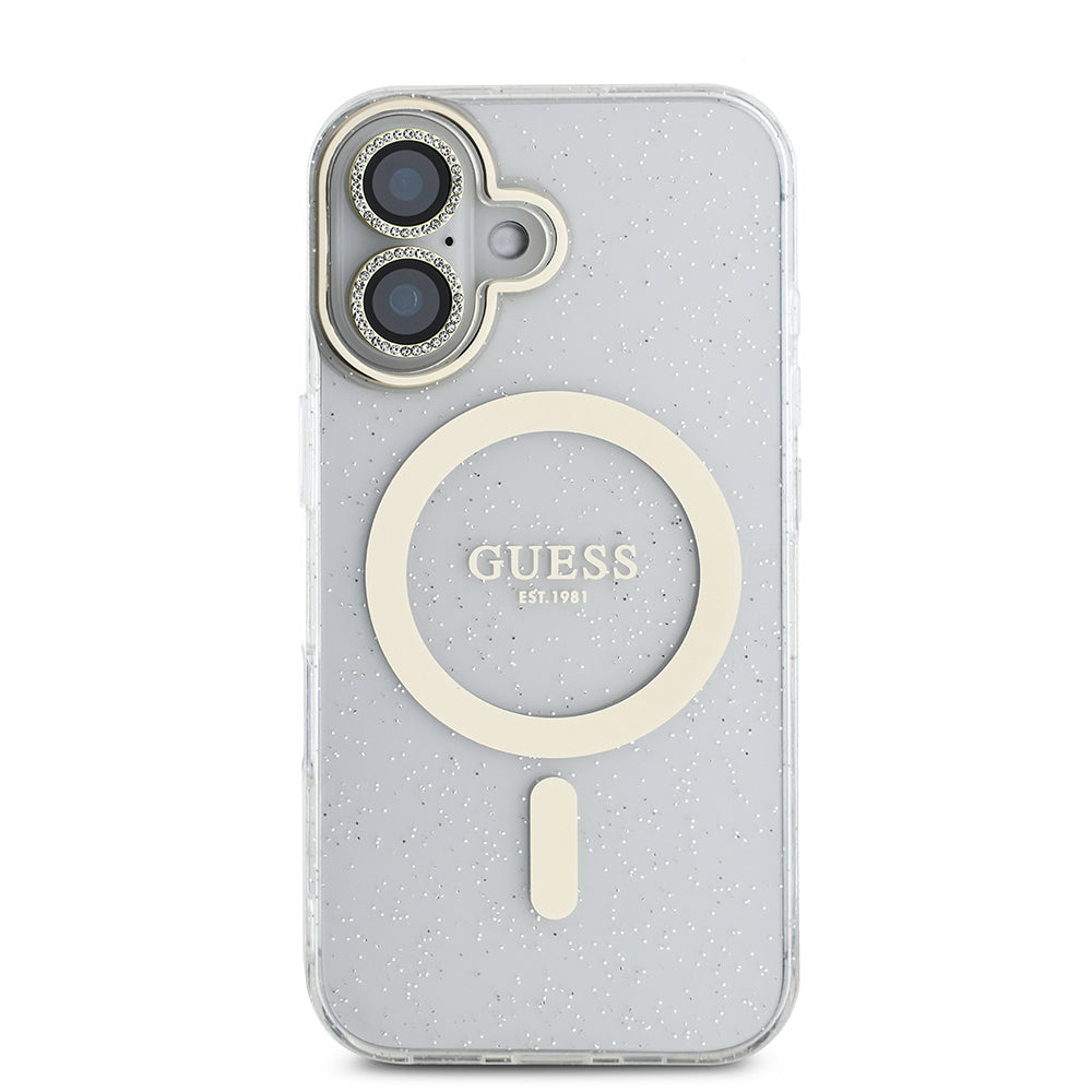 Apple iPhone 16 Guess Original Licensed 3-Piece Accessory Set IML Printed Glitter Case + Screen Protector + Lens Protector Transparent 