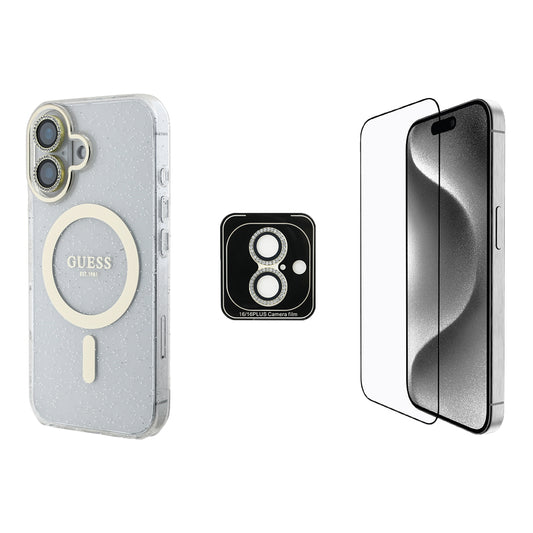 Apple iPhone 16 Guess Original Licensed 3-Piece Accessory Set IML Printed Glitter Case + Screen Protector + Lens Protector Transparent 