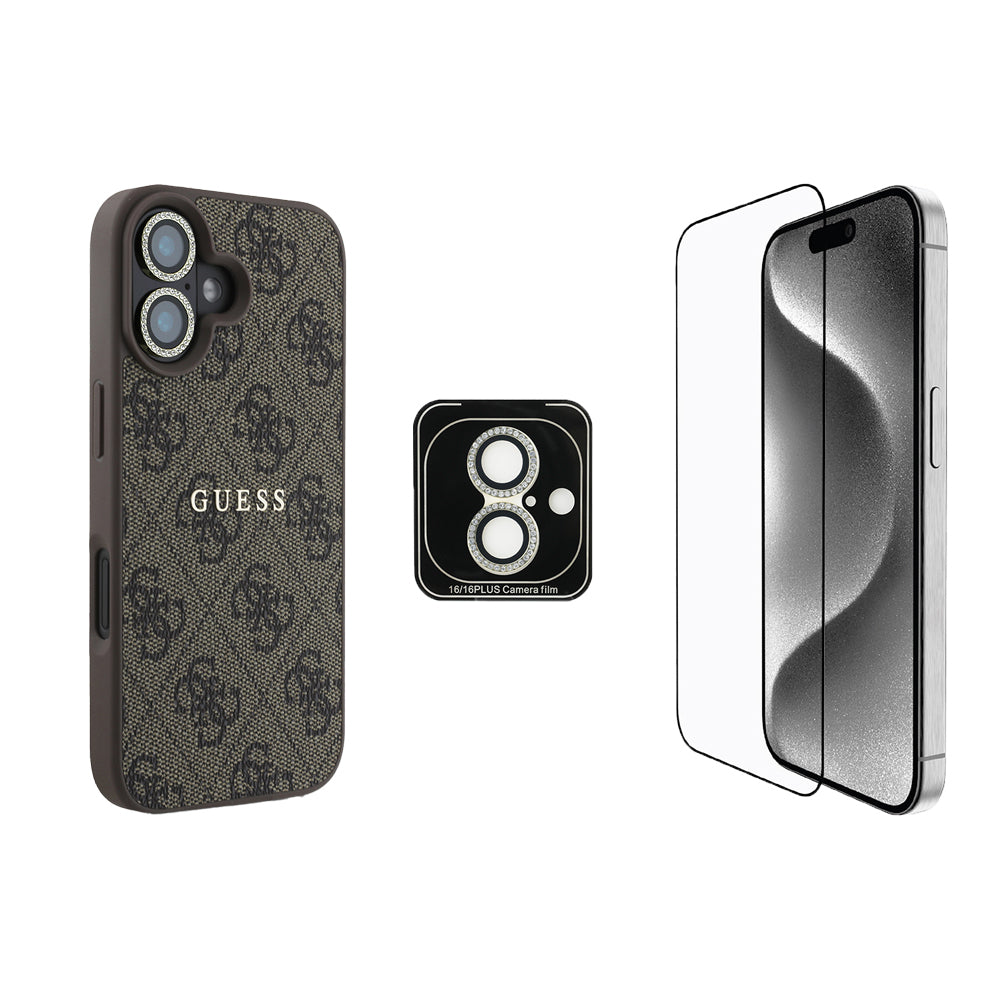 Apple iPhone 16 Guess Original Licensed Case + Screen Protector + Lens Protector 3-in-1 Accessory Set Black 