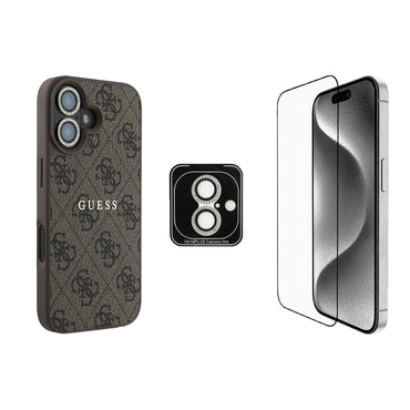 Apple iPhone 16 Guess Original Licensed Case + Screen Protector + Lens Protector 3-in-1 Accessory Set Black 
