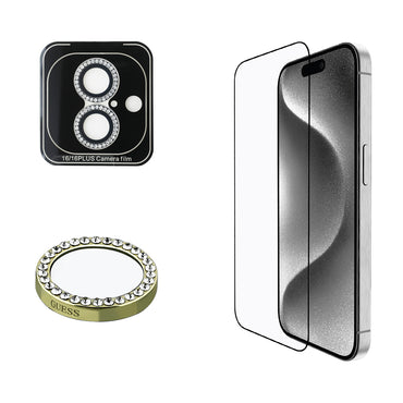 Apple iPhone 16 Guess Original Licensed Rhinestone Screen Protector + Lens Protector 2-in-1 Accessory Set Silver 